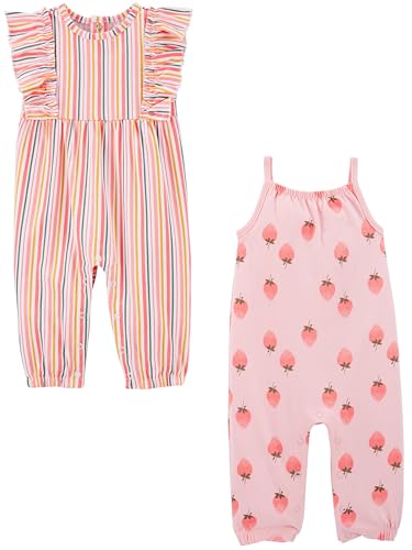 Simple Joys by Carter's Baby-Mädchen 2-Pack Fashion 2er-Pack modische Jumpsuits, Rosa Strawberries/Weiß Vertikale Streifen, 0 Monate von Simple Joys by Carter's