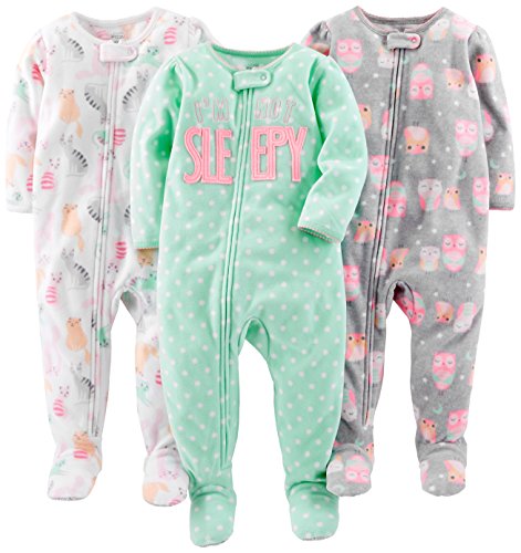 Simple Joys by Carter's Baby-Mädchen 3-Pack Loose Fit Flame Resistant Fleece Footed Pajamas Schlafstrampler, Katze/Owls/Punkte, 18 Monate (3er Pack) von Simple Joys by Carter's