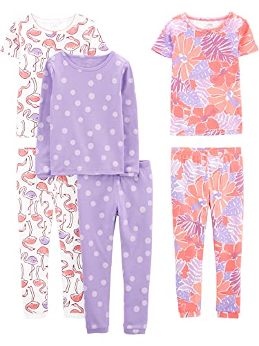 Simple Joys by Carter's Mädchen 6-Piece Snug Fit Cotton Pajama Set Pyjamaset, Lila Punkte/Weiß Flamingo/Floral, 12 Monate (3er Pack) von Simple Joys by Carter's