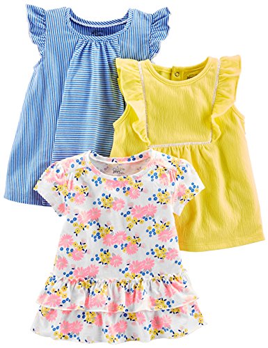Simple Joys by Carter's Baby-Mädchen Short-Sleeve and Tops, Pack of 3 T-Shirt, Blau Streifen/Gelb/Weiß Floral, 2 Jahre (3er Pack) von Simple Joys by Carter's