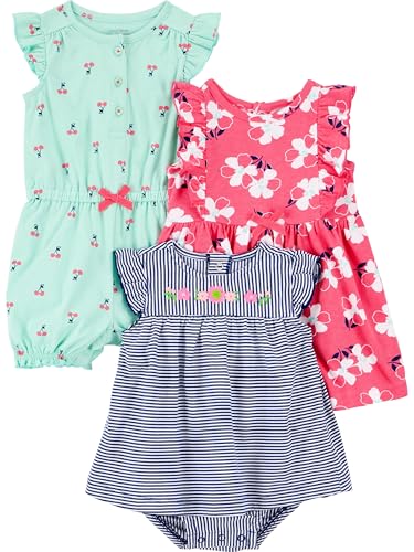 Simple Joys by Carter's Baby Mädchen 3-Pack Romper, Sunsuit Dress Infant-and-Toddler-Rompers, Marineblau Streifen/Minzgrün Kirschen/Rosa Floral, 0 Monate (3er Pack) von Simple Joys by Carter's
