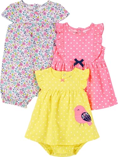 Simple Joys by Carter's Baby Mädchen 3-Pack Romper, Sunsuit Dress Infant-and-Toddler-Rompers, Gelb Vogel/Rosa Punkte/Weiß Floral, 24 Monate (3er Pack) von Simple Joys by Carter's