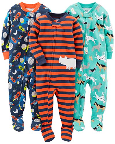 Simple Joys by Carter's Baby Jungen 3-Pack Snug Fit Footed Cotton Pajamas Pyjama-Set, Marineblau Weltraum/Rostfarben Streifen/Türkisgrün Hunde, 12 Monate (3er Pack) von Simple Joys by Carter's