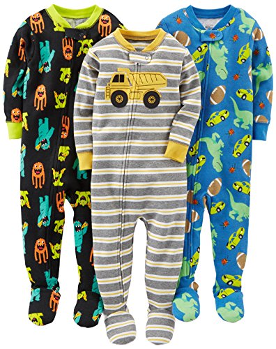 Simple Joys by Carter's Baby Jungen Pyjamaset aus Baumwolle, mit Füßen, Anliegende Passform, 3er-Pack, Blau Dinosaurier/Grau Streifen/Schwarz Monster, 6-9 Monate von Simple Joys by Carter's
