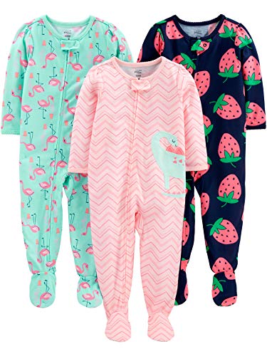 Simple Joys by Carter's Baby-Mädchen 3-Pack Loose Fit Flame Resistant Polyester Jersey Footed Pajamas Kleinkind Pajama-Sets, Dinosaurier/Erdbeerenaufdruck/Flamingo, 12 Monate (3er Pack) von Simple Joys by Carter's