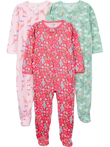 Simple Joys by Carter's Baby-Mädchen 3-Pack Loose Fit Flame Resistant Polyester Jersey Footed Pajamas Kleinkind Pajama-Sets, Giraffe/Kaktus/Regenbogen, 12 Monate (3er Pack) von Simple Joys by Carter's