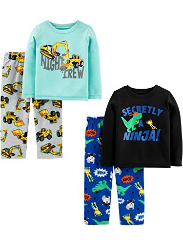 Simple Joys by Carter's Jungen 4-Piece Pajama (Cotton Top & Fleece Bottom) Pyjama-Set, Aquablau Lkws/Grau Konstruktion/Kobaltblau/Schwarz, 4 Jahre von Simple Joys by Carter's