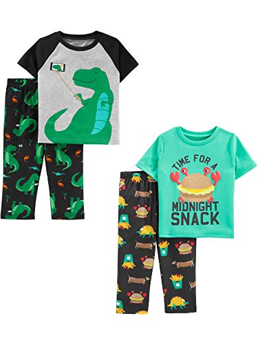 Simple Joys by Carter's Jungen 4-Piece Pajama Set (Short Sleeve Poly Top & Fleece Bottom) Pyjamaset, Grau/Grün/Dinosaurier/Fun-Food, 4 Jahre von Simple Joys by Carter's