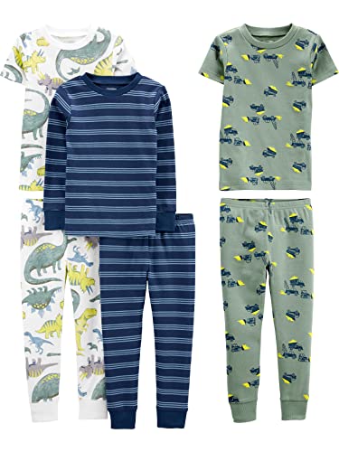 Simple Joys by Carter's Jungen 6-Piece Snug Fit Cotton Pajama Pyjama-Set, Blau Streifen/Grün Konstruktion/Weiß Dinosaurier, 2 Jahre (3er Pack) von Simple Joys by Carter's