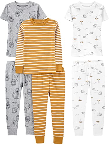 Simple Joys by Carter's Baby-Jungen 6-Piece Snug Fit Cotton Pajama Pyjama-Set, Gold Streifen/Grau Löwe/Weiß Tier, 4-5 Jahre (3er Pack) von Simple Joys by Carter's