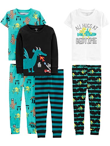 Simple Joys by Carter's Baby-Jungen 6-Piece Snug Fit Cotton Pajama Pyjama-Set, Schwarz Drache/Türkisblau Oktopus/Weiß/Streifen, 2 Jahre (3er Pack) von Simple Joys by Carter's