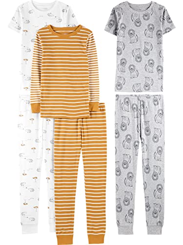 Simple Joys by Carter's Baby-Jungen 6-Piece Snug Fit Cotton Pajama Pyjama-Set, Gold Streifen/Grau Löwe/Weiß Tier, 5-6 Jahre (3er Pack) von Simple Joys by Carter's