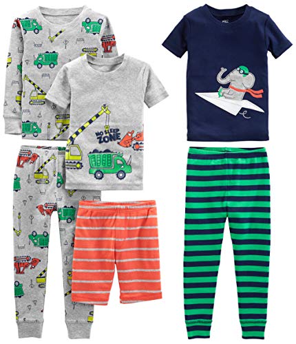Simple Joys by Carter's Baby-Jungen 6-Piece Snug Fit Cotton Pajama Set Pyjamaset, Grau Lkws/Grün Streifen/Marineblau Elefant/Orange Streifen, 18 Monate (3er Pack) von Simple Joys by Carter's