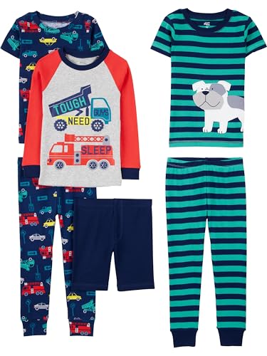 Simple Joys by Carter's Baby-Jungen 6-Piece Snug Fit Cotton Pajama Set Pyjamaset, Mehrfarbig/Autos/Feuerwehrauto/Hund/Streifen, 12 Monate (3er Pack) von Simple Joys by Carter's