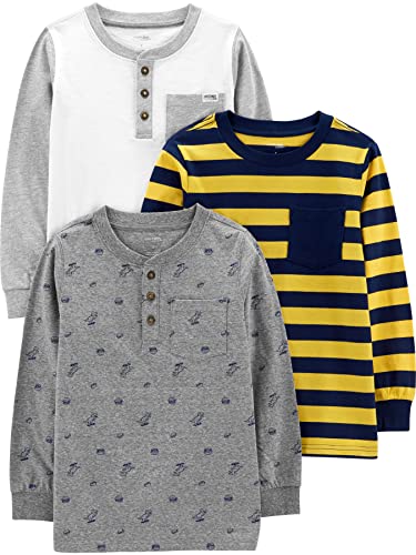 Simple Joys by Carter's Jungen Long-Sleeve Shirts, Pack of 3 Hemd, Gelb Streifen/Grau Dinosaurier/Weiß, 5-6 Jahre (3er Pack) von Simple Joys by Carter's