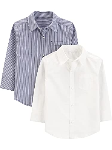 Simple Joys by Carter's Jungen Langärmeliges gewebtes Shirt im 2er Pack Hemd mit Button-Down-Kragen, Marineblau Streifen/Weiß, 5 von Simple Joys by Carter's