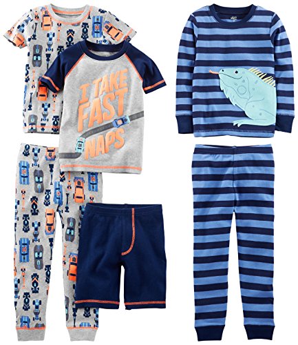 Simple Joys by Carter's Baby-Jungen 6-Piece Snug Fit Cotton Pajama Set Pyjamaset, Grau Autos/Marineblau Streifen/Textaufdruck, 4 Jahre (3er Pack) von Simple Joys by Carter's