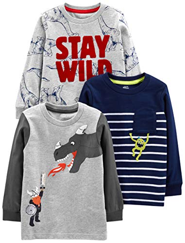 Simple Joys by Carter's Jungen 3-Pack Graphic Long-Sleeve Tees Infant-and-Toddler-t-Shirts, Dinosaurier/Drache/Monster, 4 Jahre (3er Pack) von Simple Joys by Carter's