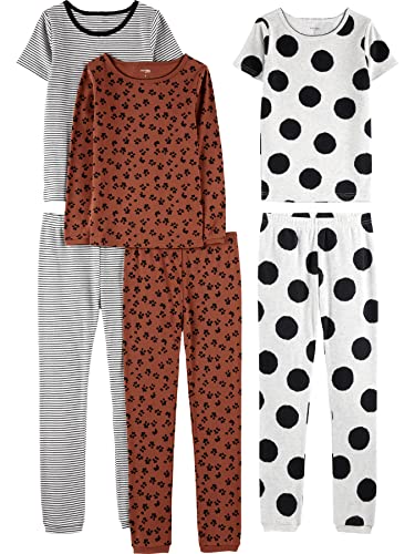 Simple Joys by Carter's Mädchen 6-Piece Snug Fit Cotton Pajama Pyjama-Set, Braun Tiermuster/Grau Tupfen/Weiß Streifen, 5-6 Jahre (3er Pack) von Simple Joys by Carter's