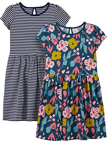 Simple Joys by Carter's Mädchen Short-Sleeve and Sleeveless Dress Sets, Pack of 2 Freizeitkleid, Indigo Floral/Weiß Streifen, 4-5 Jahre (2er Pack) von Simple Joys by Carter's