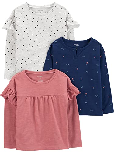 Simple Joys by Carter's Mädchen Long-Sleeve Baby und Kleinkind T-Shirt Set, Gehaucht Rosa/Grau Punkte/Marineblau Blumen, 5 Jahre (3er Pack) von Simple Joys by Carter's