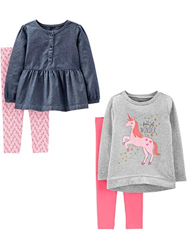 Simple Joys by Carter's Mädchen 4-Piece Long-Sleeve Shirts and Pants Playwear Set Hosenset, Grau Einhorn/Hellrosa/Jeans/Rosa, 3 Jahre von Simple Joys by Carter's