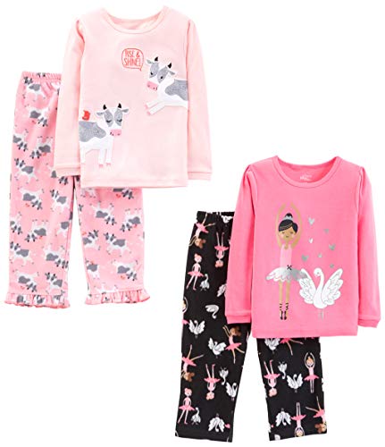 Simple Joys by Carter's Bambine e Ragazze 4-Piece Pajama (Cotton Top & Fleece Bottom) Pyjama-Set, Hellrosa/Rosa Kuh/Schwarz Ballerina/Schwäne, 5 Jahre von Simple Joys by Carter's