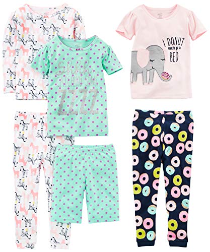 Simple Joys by Carter's Mädchen 6-Piece Snug Fit Cotton Pajama Set Pyjamaset, Grün Punkte/Marineblau Donut/Rosa Elefant/Weiß Zebra, 6 Jahre (3er Pack) von Simple Joys by Carter's