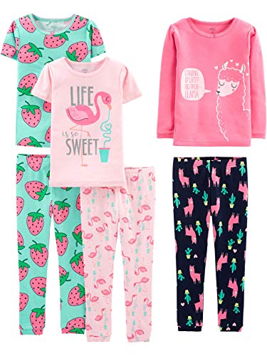 Simple Joys by Carter's Mädchen 6-Piece Snug Fit Cotton Pajama Pyjama-Set, Grün Strawberries/Marineblau/Rosa Flamingo/Rosé Lamaaufdruck, 4 Jahre (3er Pack) von Simple Joys by Carter's