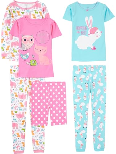 Simple Joys by Carter's Mädchen 6-Piece Snug Fit Cotton Pajama Set Pyjamaset, Blau Kaninchen/Rosa Punkte/Weiß Waldtiere, 5 Jahre (3er Pack) von Simple Joys by Carter's