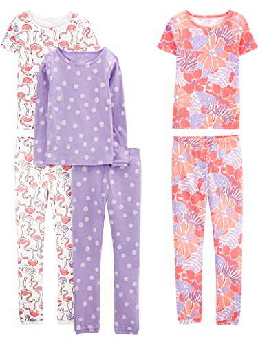 Simple Joys by Carter's Mädchen 6-Piece Snug Fit Cotton Pajama Pyjama-Set, Lila Punkte/Weiß Flamingo/Floral, 5-6 Jahre (3er Pack) von Simple Joys by Carter's