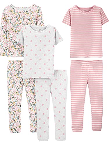 Simple Joys by Carter's Mädchen 6-Piece Snug Fit Cotton Pajama Pyjama-Set, Grau Punkte/Rosa Streifen/Weiß Streublumen, 5 Jahre (3er Pack) von Simple Joys by Carter's