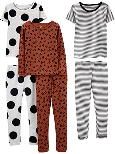Simple Joys by Carter's Mädchen 6-Piece Snug Fit Cotton Pajama Set Pyjamaset, Braun Tiermuster/Grau Tupfen/Weiß Streifen, 4 Jahre (3er Pack) von Simple Joys by Carter's