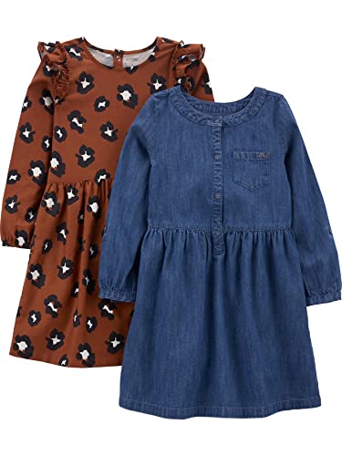 Simple Joys by Carter's Mädchen 2-Pack Long-Sleeve Dress Set Freizeitkleid, Braun Gepard/Dunkles Jeansblau, 4-5 Jahre (2er Pack) von Simple Joys by Carter's