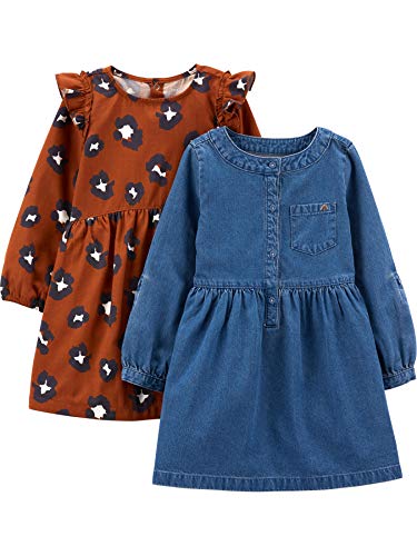 Simple Joys by Carter's Baby Mädchen 2-Pack Long-Sleeve Dress Set Freizeitkleid, Chambray/Gepard, 5 Jahre (2er Pack) von Simple Joys by Carter's