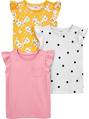 Simple Joys by Carter's Mädchen Short-Sleeve and Tops, Pack of 3 T-Shirt, Gelb Blumen/Grau Tupfen/Rosa, 4-5 Jahre (3er Pack) von Simple Joys by Carter's