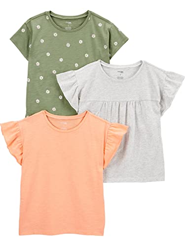 Simple Joys by Carter's Mädchen Short-Sleeve and Tops, Pack of 3 Baby und Kleinkind T-Shirt Set, Grau/Hellorange/Olivgrün Blumen, 5 Jahre (3er Pack) von Simple Joys by Carter's