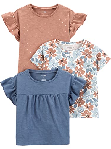 Simple Joys by Carter's Mädchen Short-Sleeve and Tops, Pack of 3 Baby und Kleinkind T-Shirt Set, Braun Punkte/Jeans/Weiß Floral, 4 Jahre (3er Pack) von Simple Joys by Carter's