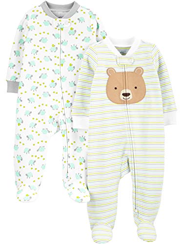 Simple Joys by Carter's Unisex Baby Neutral 2-Pack Cotton Footed Sleep and Play Kleinkindschläfer, Weiß Bär/Schildkröte, Frühchen (2er Pack) von Simple Joys by Carter's