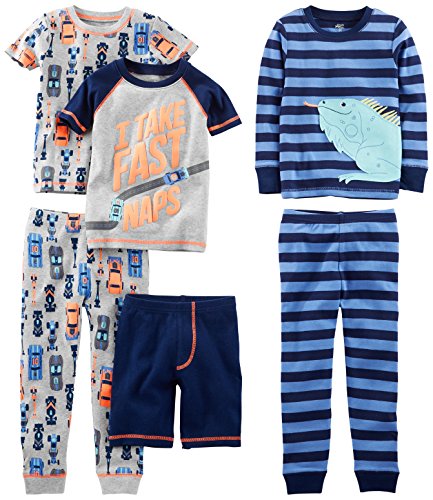 Simple Joys by Carter's Baby-Jungen 6-Piece Snug Fit Cotton Pajama Pyjama-Set, Grau Autos/Marineblau Streifen/Textaufdruck, 6-9 Monate (3er Pack) von Simple Joys by Carter's