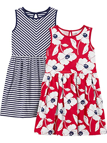 Simple Joys by Carter's Mädchen Short-Sleeve and Sleeveless Dress Sets, Pack of 2 Freizeitkleid, Marineblau Streifen/Rot Mohnblumenaufdruck, 4-5 Jahre (2er Pack) von Simple Joys by Carter's