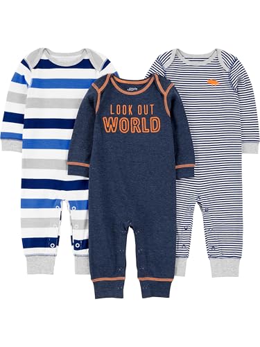 Simple Joys by Carter's Baby-Jungen 3-Pack Jumpsuits Spieler, Grau Meliert Rugby-Streifen/Marineblau Textaufdruck/Weiß Streifen, 6-9 Monate (3er Pack) von Simple Joys by Carter's