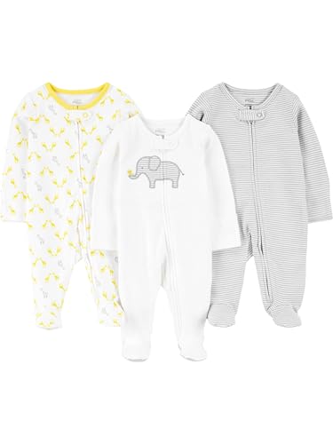 Simple Joys by Carter's Unisex Baby 3-Pack Neutral Sleep and Play Kleinkindschläfer, Hellgrau Ministreifen/Weiß Elefant/Giraffe, 0-3 Monate (3er Pack) von Simple Joys by Carter's