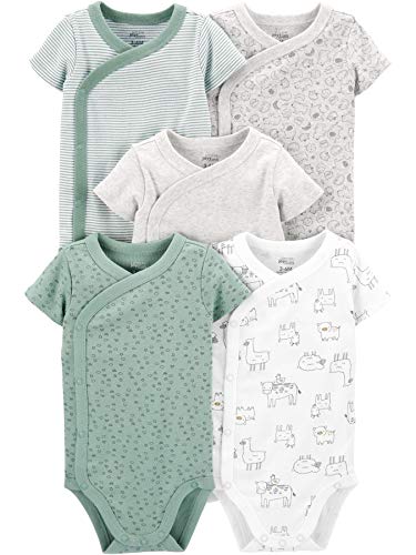 Simple Joys by Carter's Unisex-Baby Neutral Short-Sleeve Bodysuit Hemd, Grau Waldtiere/Grün/Hellgrau Meliert/Minzgrün Streifen/Weiß Lama, Frühchen (5er Pack) von Simple Joys by Carter's