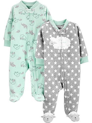 Simple Joys by Carter's Unisex Baby Schlaf- und Spielanzug aus Fleece mit Füßen, 2er-Pack, Grau Sterne/Minzgrün Elefant, 3-6 Monate von Simple Joys by Carter's