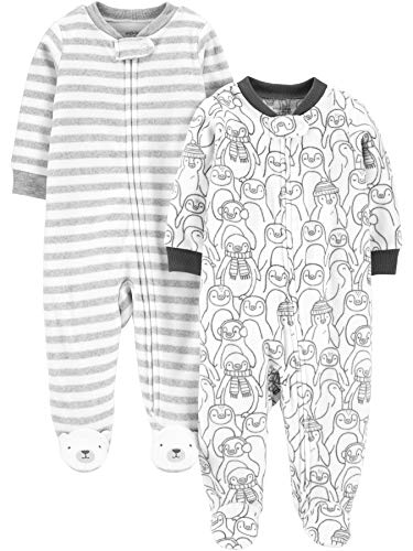 Simple Joys by Carter's Unisex Baby Schlaf- und Spielanzug aus Fleece mit Füßen, 2er-Pack, Pinguin/Streifen, 0-3 Monate von Simple Joys by Carter's