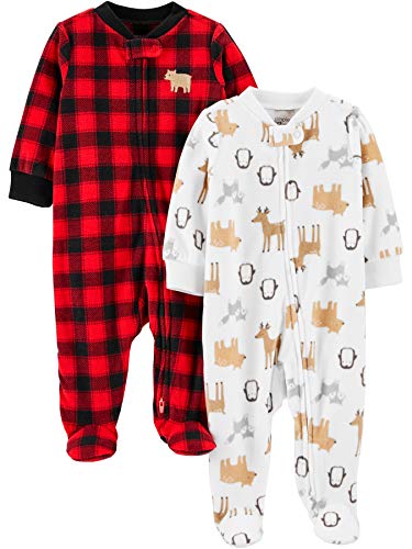 Simple Joys by Carter's Baby Jungen Babies' Holiday Fleece Footed Sleep and Play, Pack of 2 Kleinkindschläfer, Buffalo Karos/Waldtiere, 6-9 Monate (2er Pack) von Simple Joys by Carter's