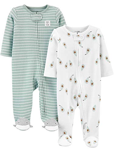 Simple Joys by Carter's Unisex Baby 2-Way Zip Thermal Footed Sleep and Play, Pack of 2 Kleinkindschläfer, Minzgrün Streifen/Weiß Avocados, 0-3 Monate (2er Pack) von Simple Joys by Carter's