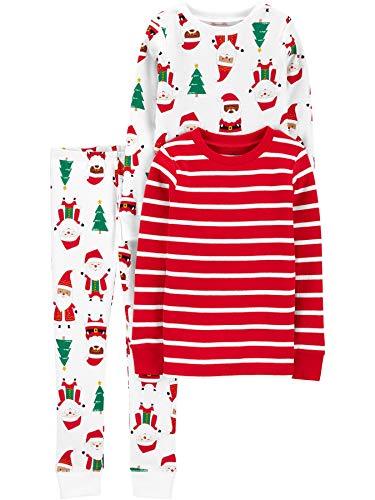 Simple Joys by Carter's Unisex Kinder 3-Piece Snug-Fit Cotton Christmas Pajama Pyjama-Set, Rot Streifen/Weiß Weihnachtsmuster, 6-9 Monate (3er Pack) von Simple Joys by Carter's