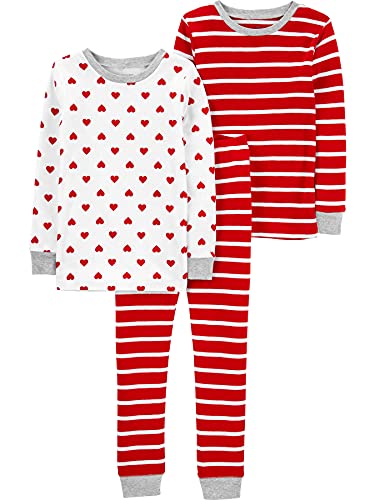 Simple Joys by Carter's Unisex Kinder 3-Piece Snug-fit Cotton Pajama Pyjama-Set, Rot Streifen/Weiß Herzen, 2 Jahre (3er Pack) von Simple Joys by Carter's